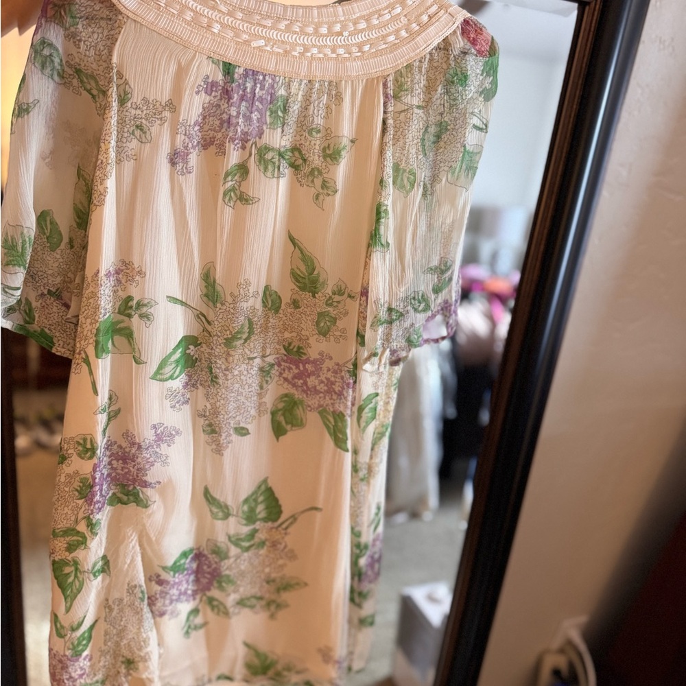 Calypso St. Barth Cream and Purple Blouse with Detailed neckline